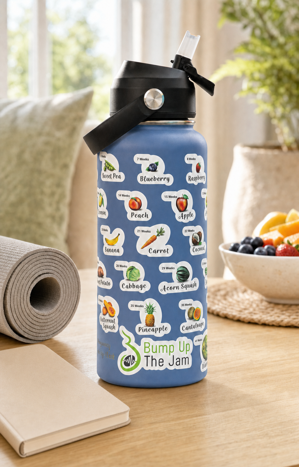 Blue Bump Up the Jam pregnancy milestone water bottle