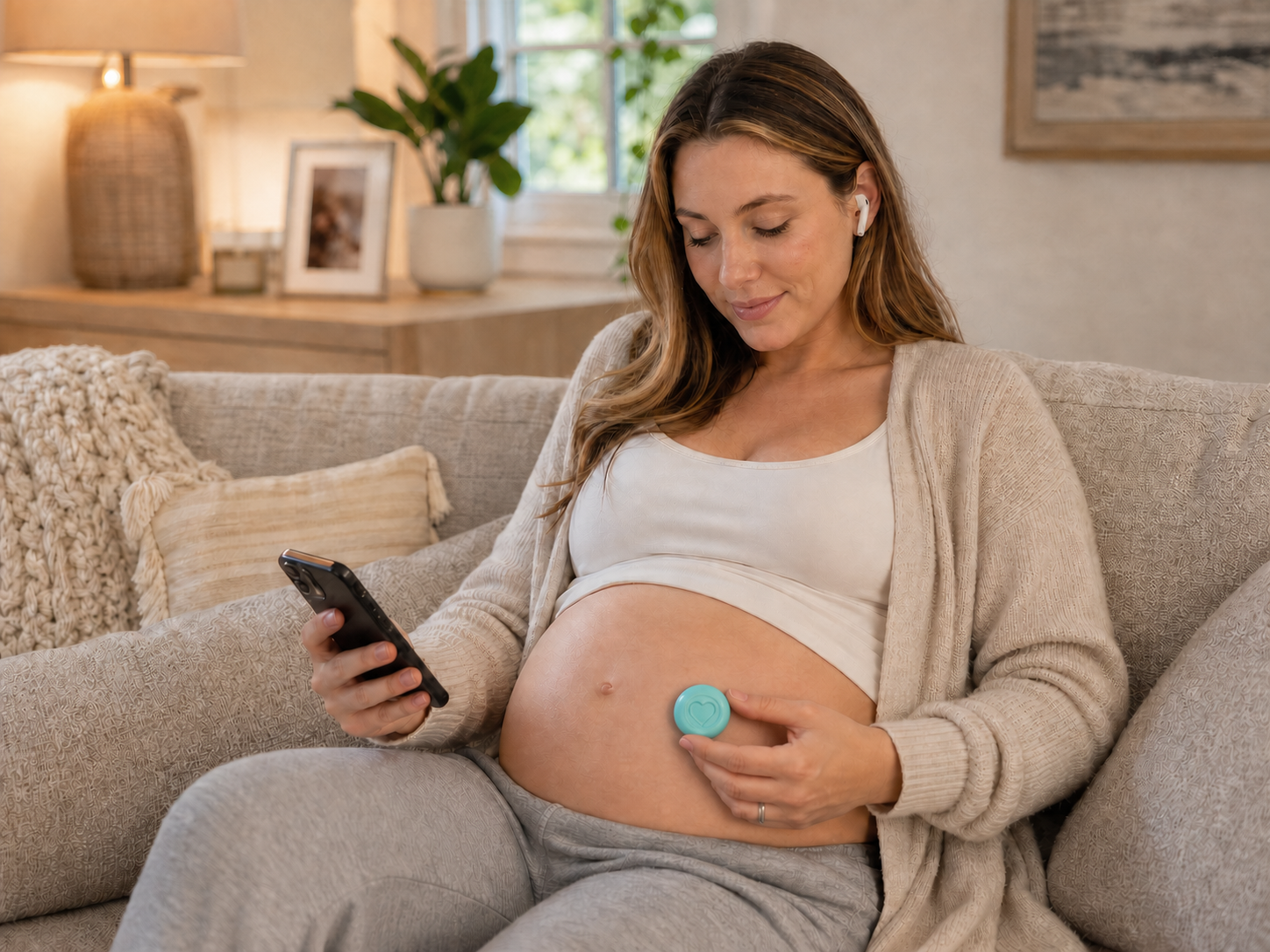 Pregnant woman placing the Bump Up the Jam holder on her belly
